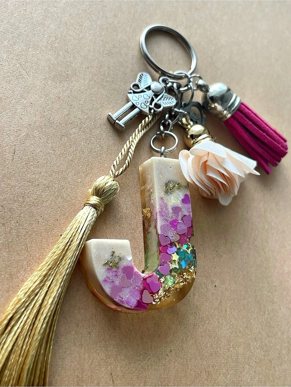 Handmade Resin Initial "J" Keychain - Hearts, Angel Charm & Tassels (NWOT)